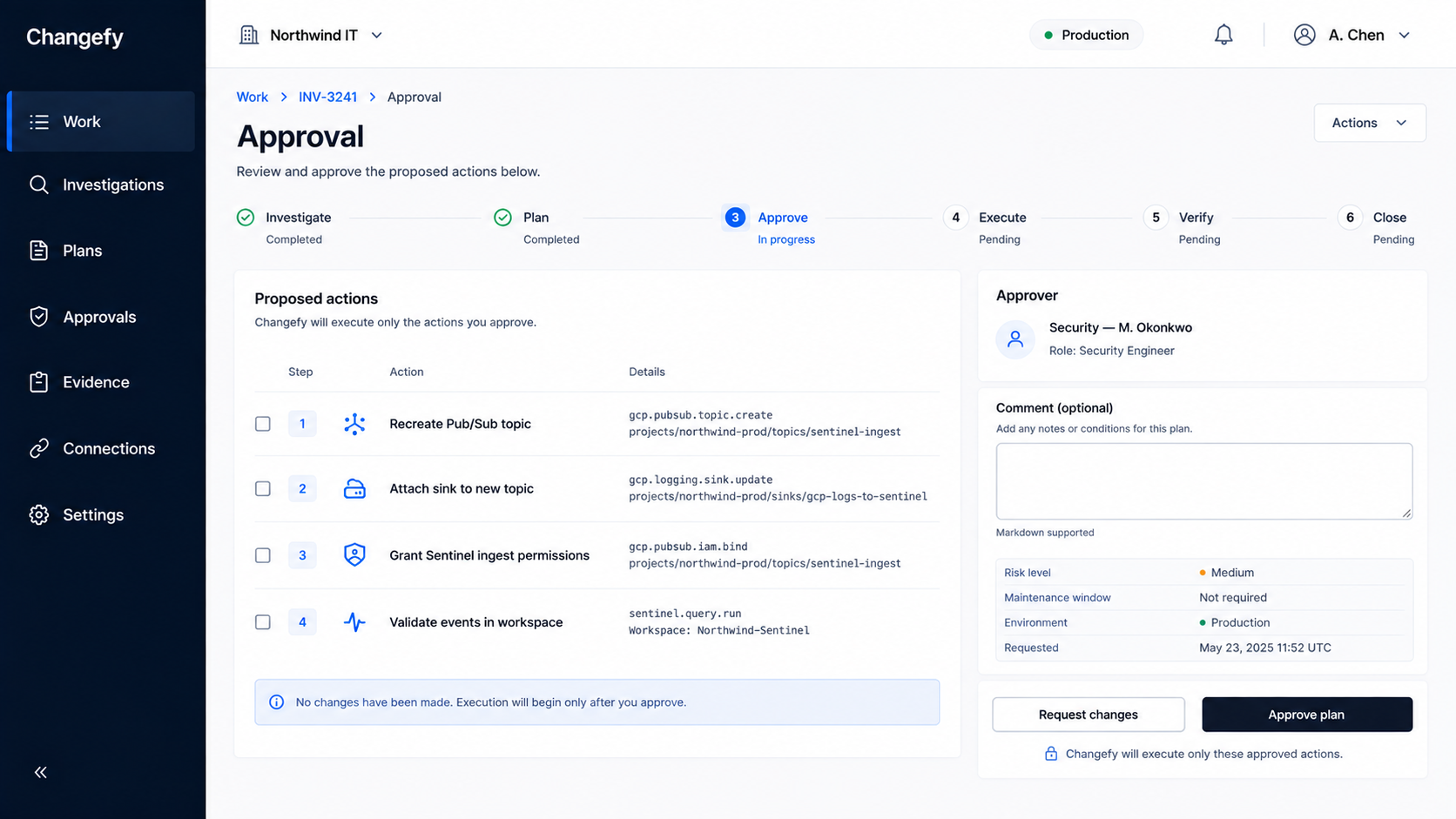 Changefy approval screen where a reviewer approves a plan before execution, with risk level, approver, and comment field